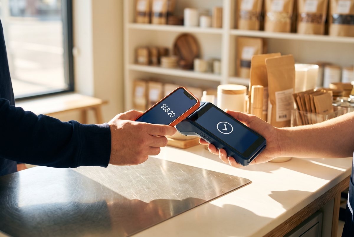 At a retail shop counter, a customer taps a phone on a handheld card terminal held by the cashier.