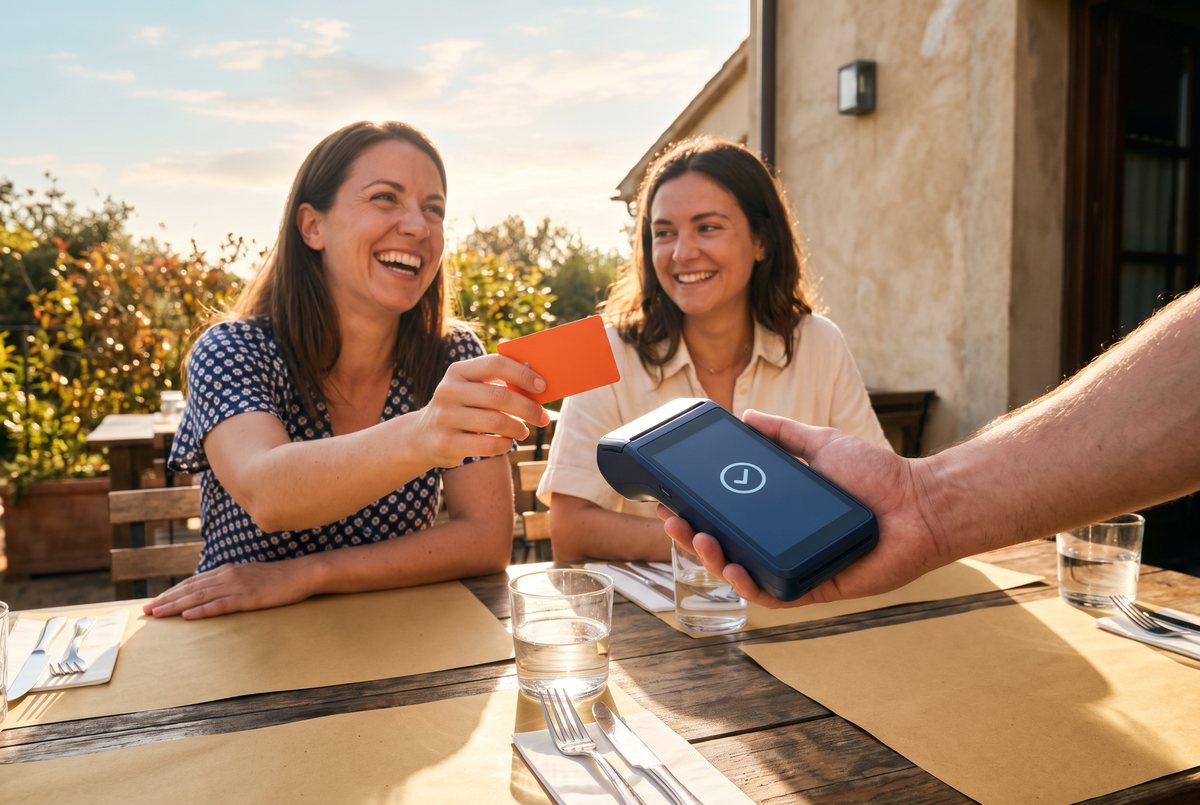 On a sunny restaurant terrace, a laughing diner hands over a card as the server holds out a handheld card terminal.