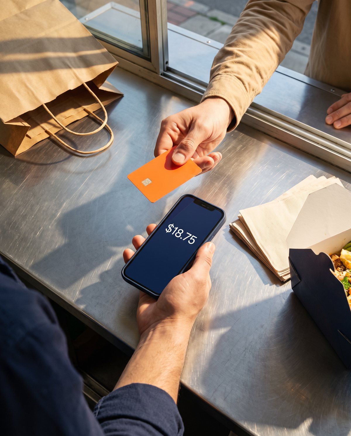 Seen from above at a food truck window, a customer hands over a card while the cook takes payment on a phone.