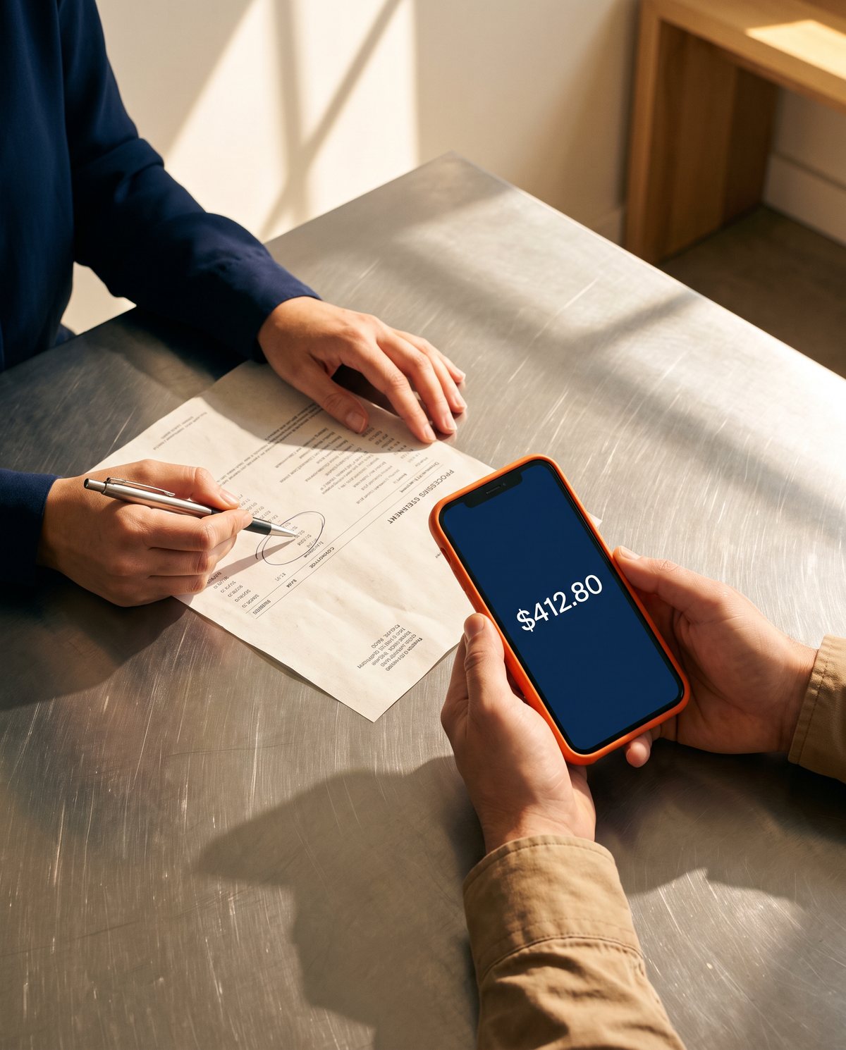 Seen from above, a payments advisor circles a fee line on a processing statement while the business owner checks the total on a phone.