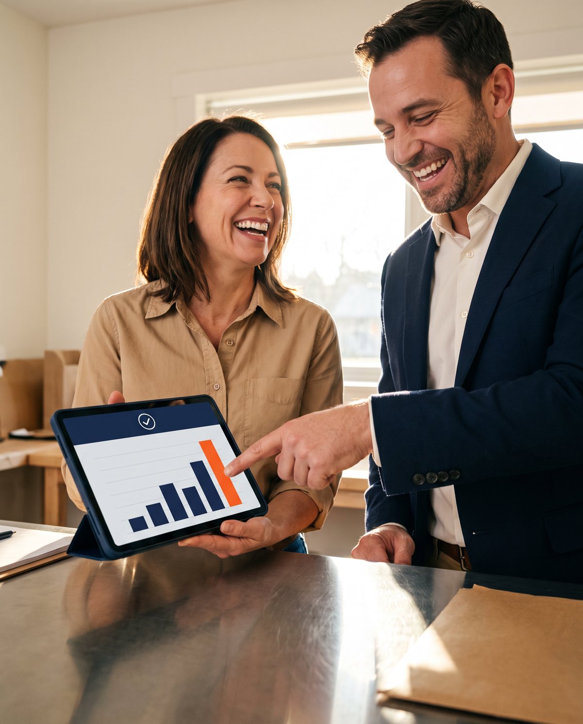 A business owner and her payments advisor laugh over a sales chart on a tablet during a quarterly review.